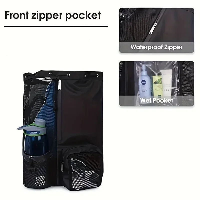 Black mesh swim bag with front zipper pocket, water bottle, and toiletries on a white background