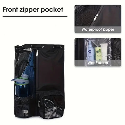 Black mesh swim bag with front zipper pocket, water bottle, and toiletries on a white background