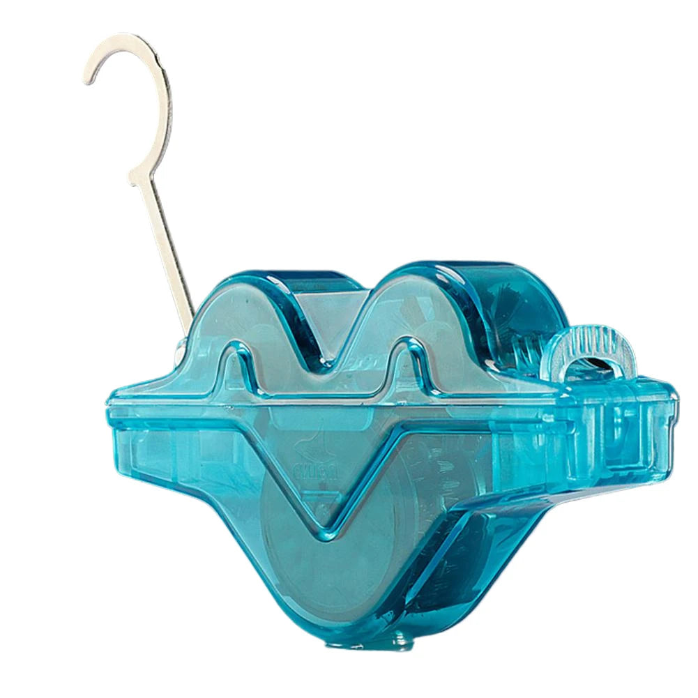 Blue plastic clip with a white hook on a white background