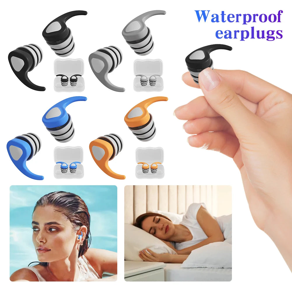 Waterproof triathlon ear plugs with a hand holding a pair, a woman wearing earplugs by the pool, and a woman sleeping with earplugs.