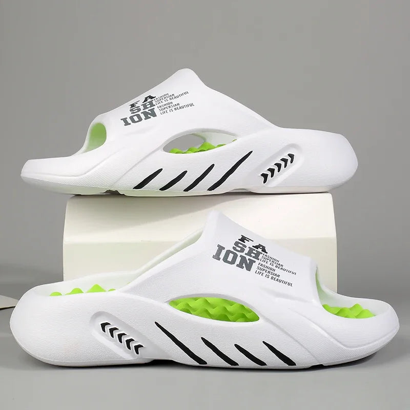 White slides with green sole and black text on a gray background