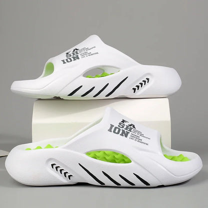 White slides with green sole and black text on a gray background