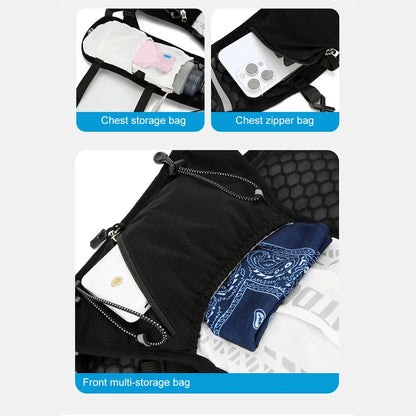 Black chest storage bag with front multi-storage bag design, showing a phone and bandana inside.