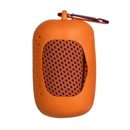 Orange portable towel with a mesh design on a white background