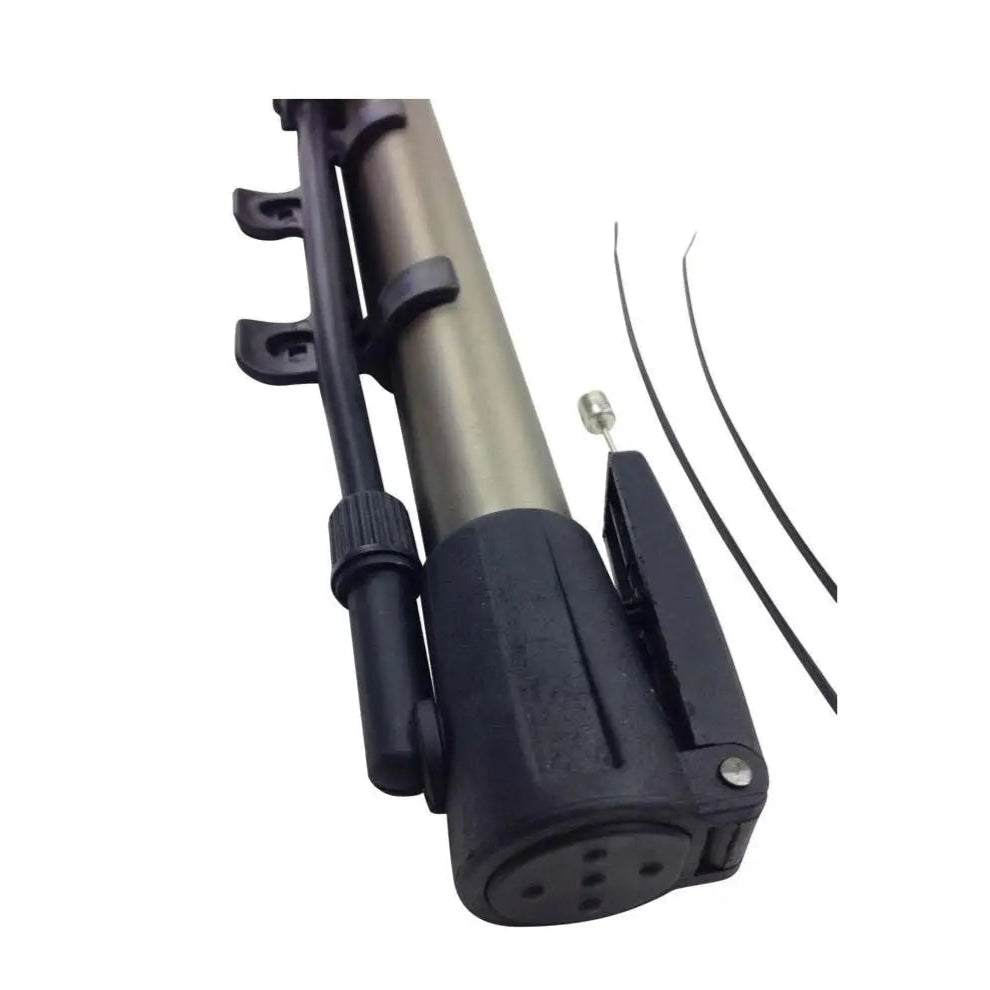 Portable bicycle pump with accessories on a white background