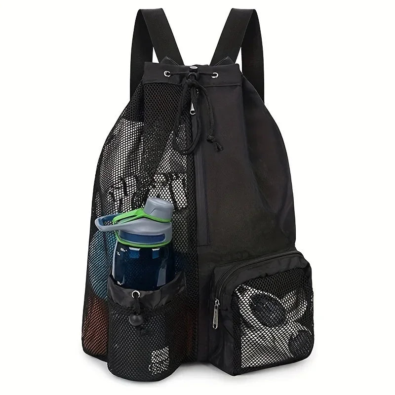 Black drawstring swimming backpack with mesh side pockets on a white background