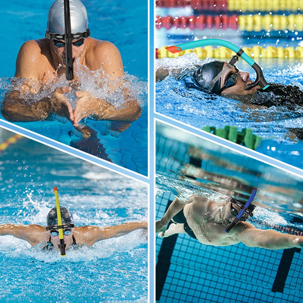 Collage of a swimmer performing various strokes in a pool.