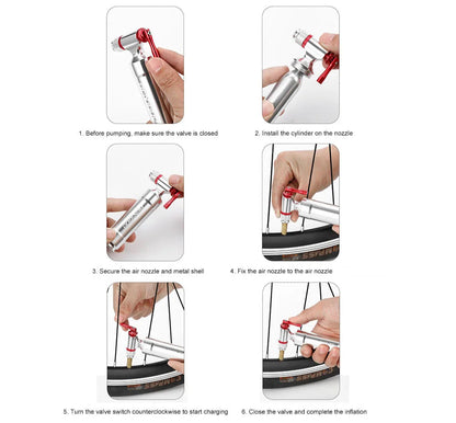Step-by-step instructions for using a bicycle pump on a white background