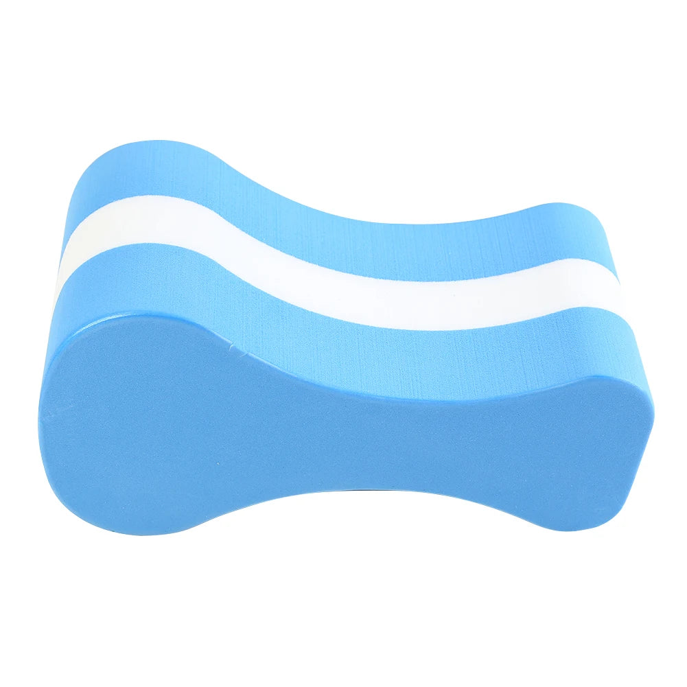 Blue and white swim pull buoy on a white background