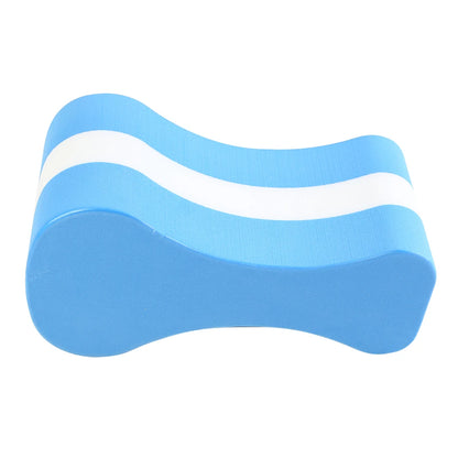 Blue and white swim pull buoy on a white background