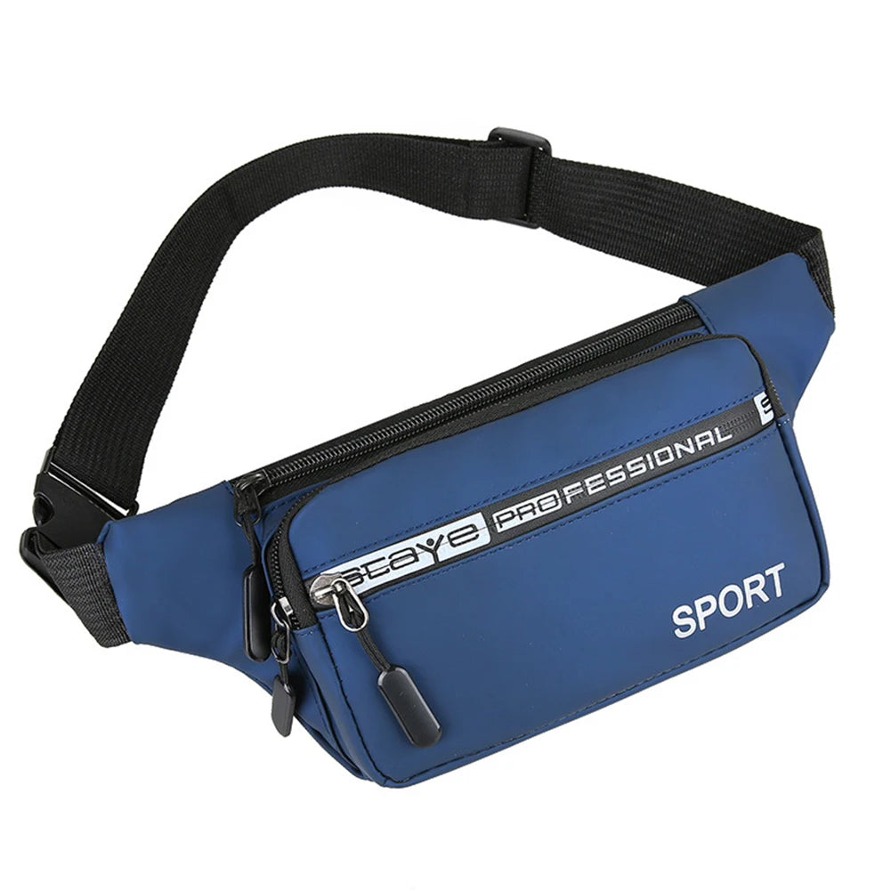 Blue waist bag with black strap on a white background