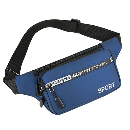 Blue waist bag with black strap on a white background