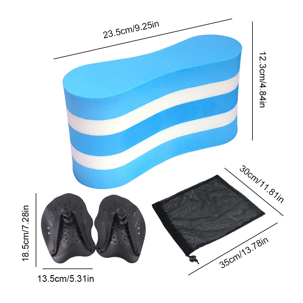 Blue swim float with measurements on a white background