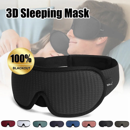 Black 3D sleeping mask with '100% Blackout' label and a person wearing it in the background.