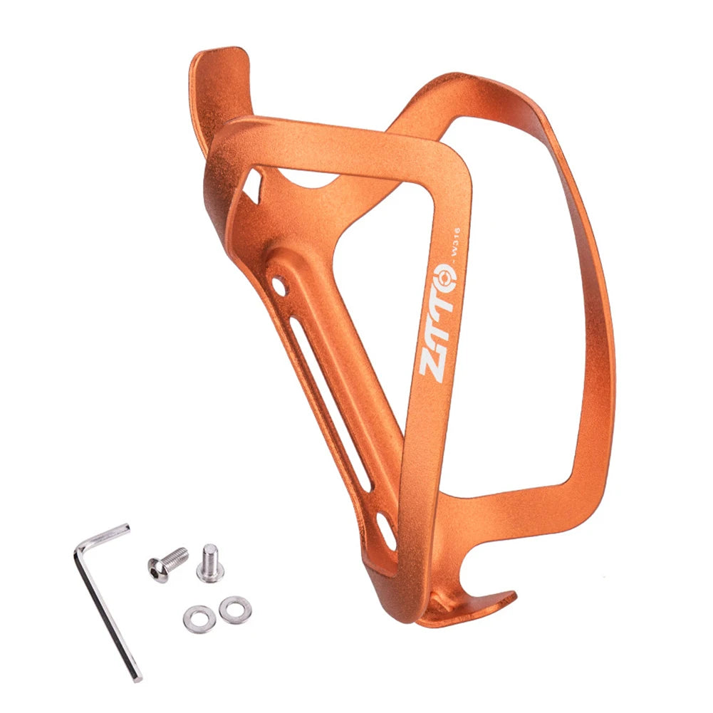Orange bicycle bottle cage with mounting hardware on a white background