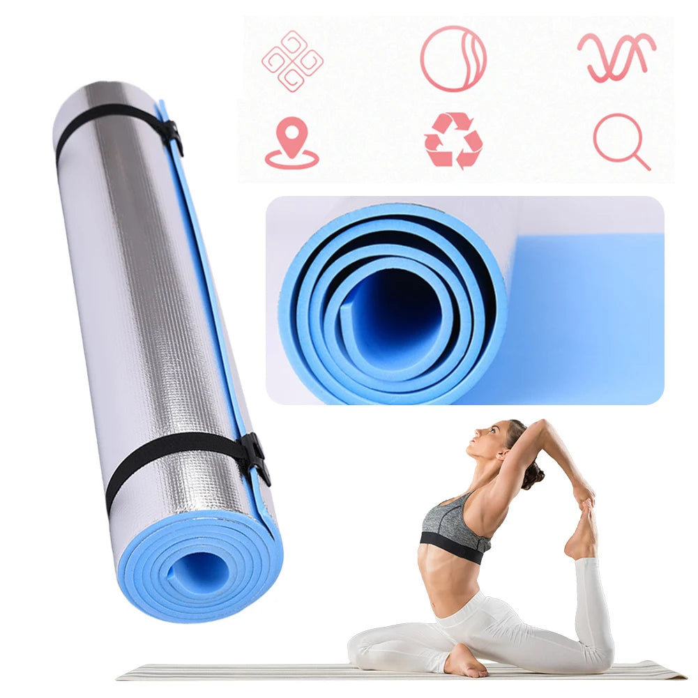 Yoga mat with roll-up design, additional mat section, and a person practicing yoga.