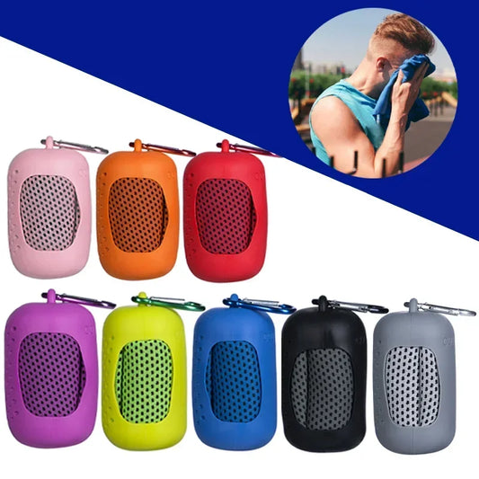 Colorful portable towels with keychains on a blue and white background, inset showing a person using a towel.