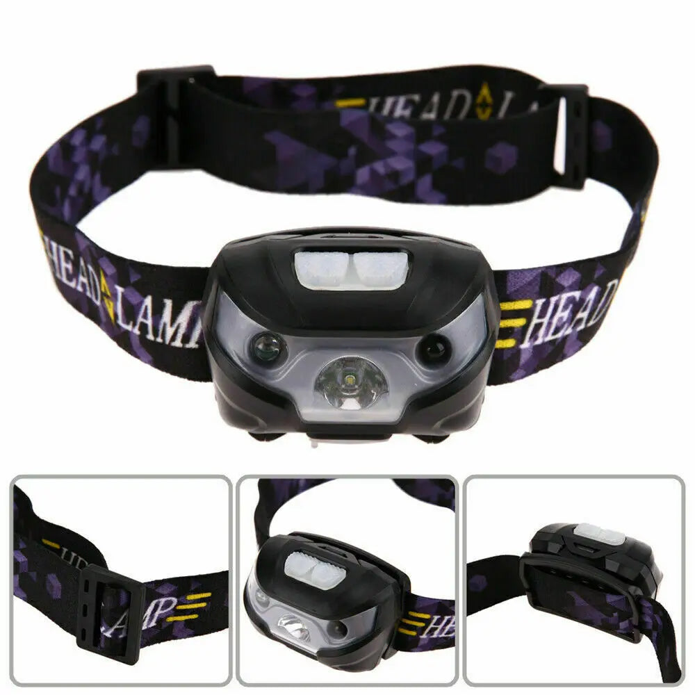 Black headlamp with purple and yellow patterned headband on a white background