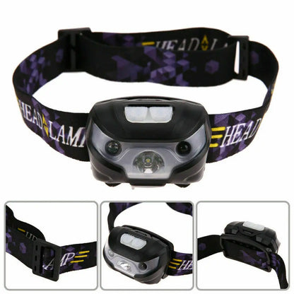 Black headlamp with purple and yellow patterned headband on a white background