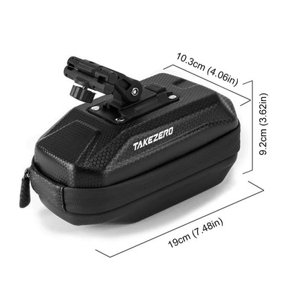 Black saddle bag with dimensions labeled on a white background