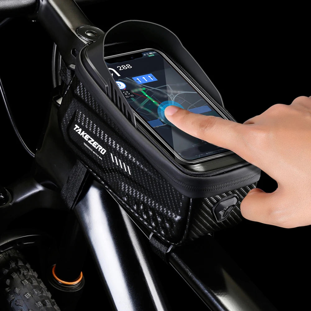 Hand using a smartphone in a black motorcycle mount with 'TAKEZERO' branding.