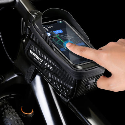 Hand using a smartphone in a black motorcycle mount with 'TAKEZERO' branding.