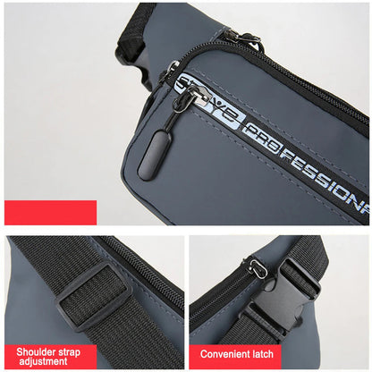 Gray belt bag with zippers, shoulder strap, and latch on a light gray background
