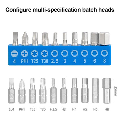 Set of multi-specification screwdriver bits in a blue holder on a white background