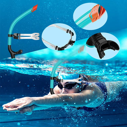 Person swimming with a snorkel and swim mask, with close-up details of the equipment on a blue underwater background.