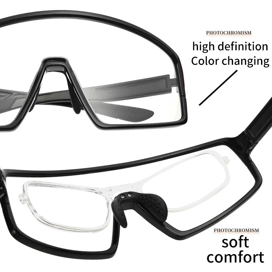 Black eyeglasses with text highlighting features on a white background