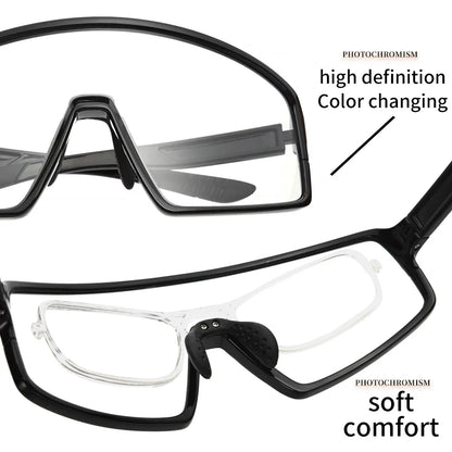 Black eyeglasses with text highlighting features on a white background