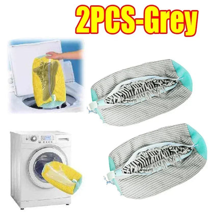 Two gray shoe wash bags with zebra pattern being used in a washing machine, with text '2PCS-Grey' above.