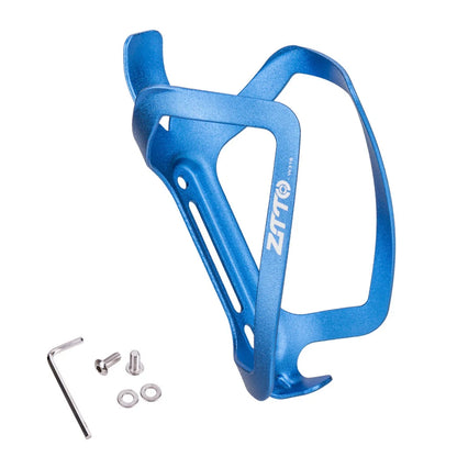 Blue bicycle bottle cage with mounting hardware on a white background