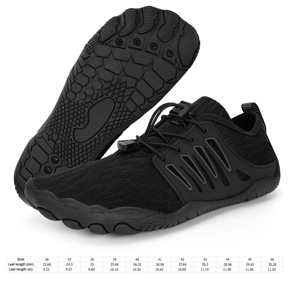 Black triathlon shoes with sole showing texture on a white background