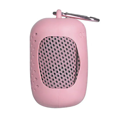 Pink portable towel with a carabiner on a white background