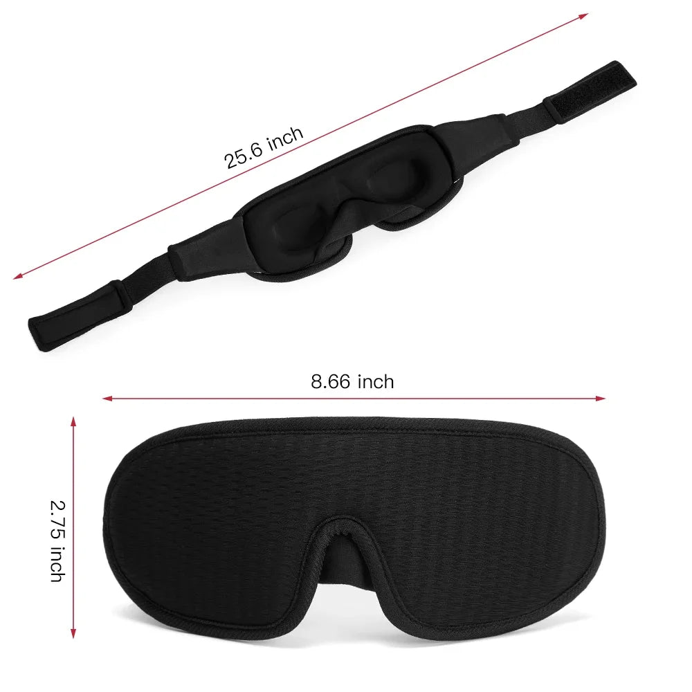 Black sleep mask with measurements on a white background