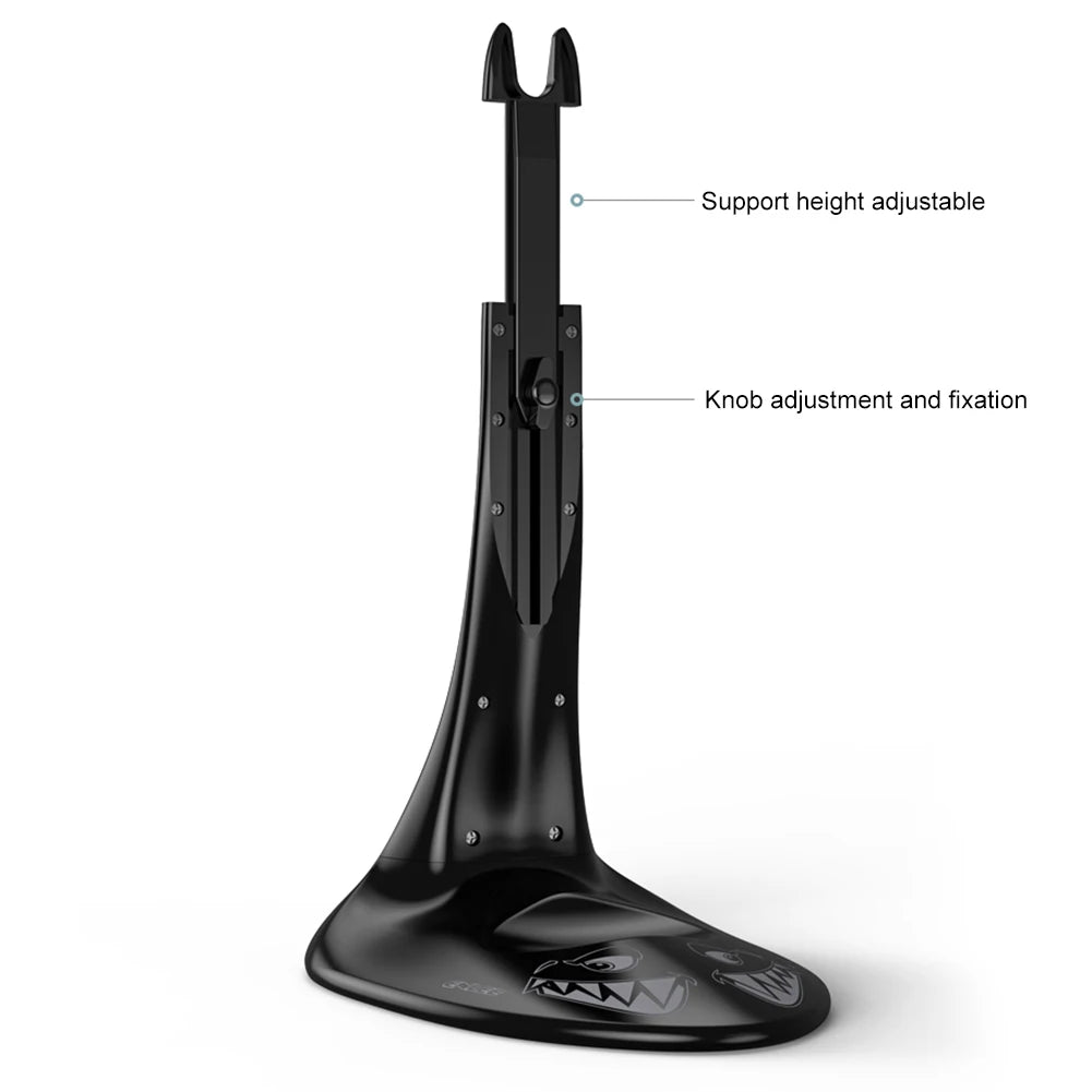 Black stand with adjustable support height and knob on a white background