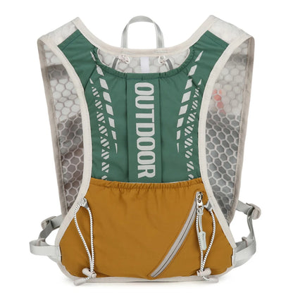 Green and mustard yellow outdoor hydration vest on a white background