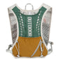 Green and mustard yellow outdoor hydration vest on a white background