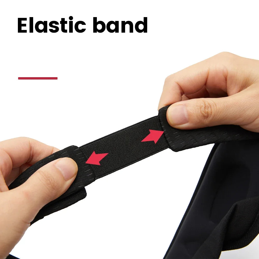 Elastic bandage with red arrows being held by hands on a white background