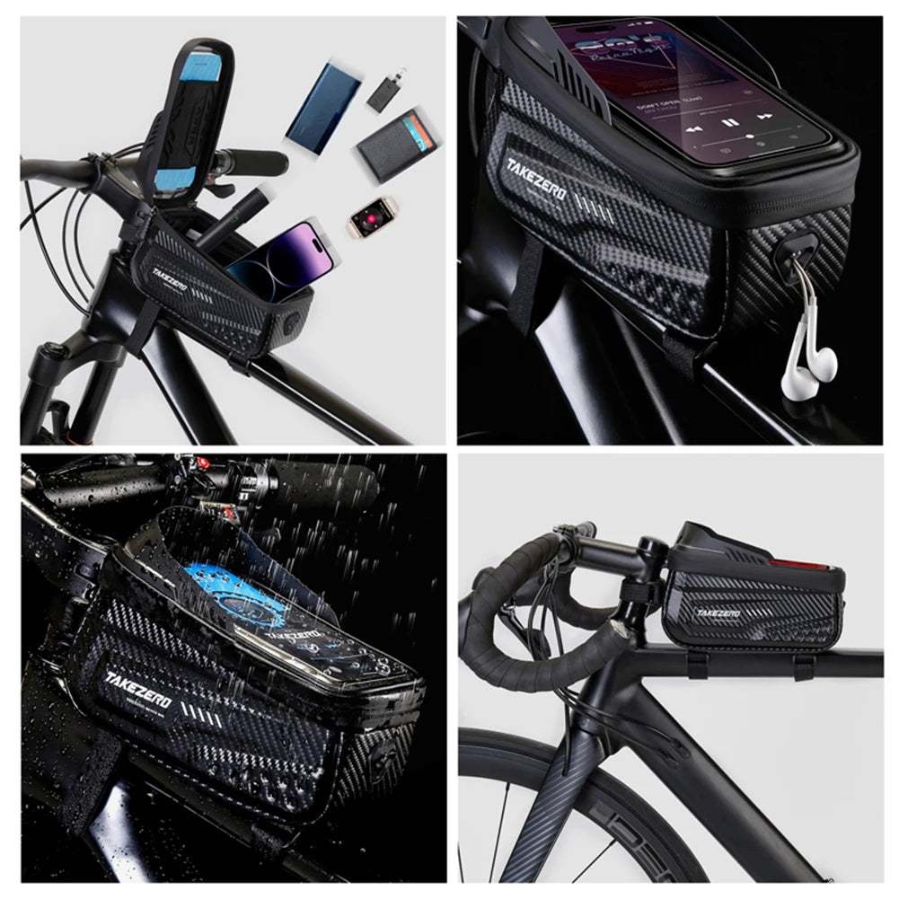 Collage of bicycle handlebar bags with phone holders and storage compartments.