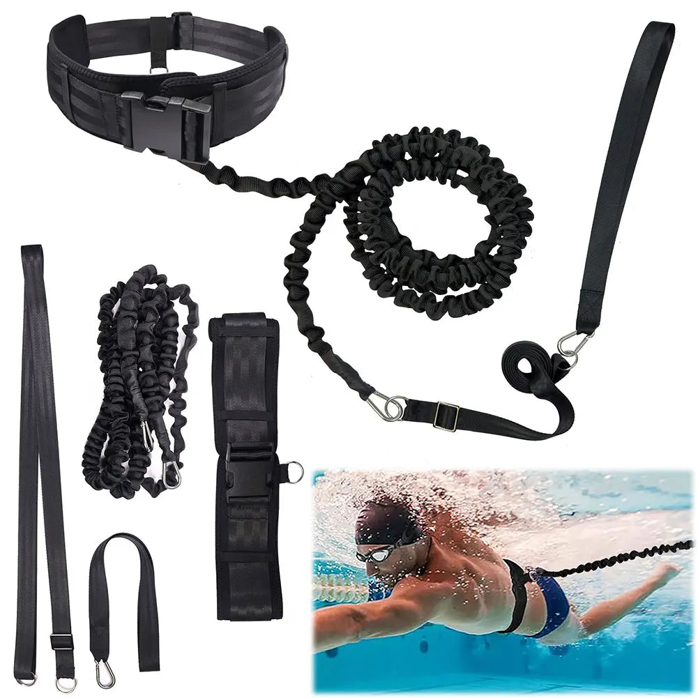 Black swim training leash with various attachments on a white background, with a swimmer using the leash in water.