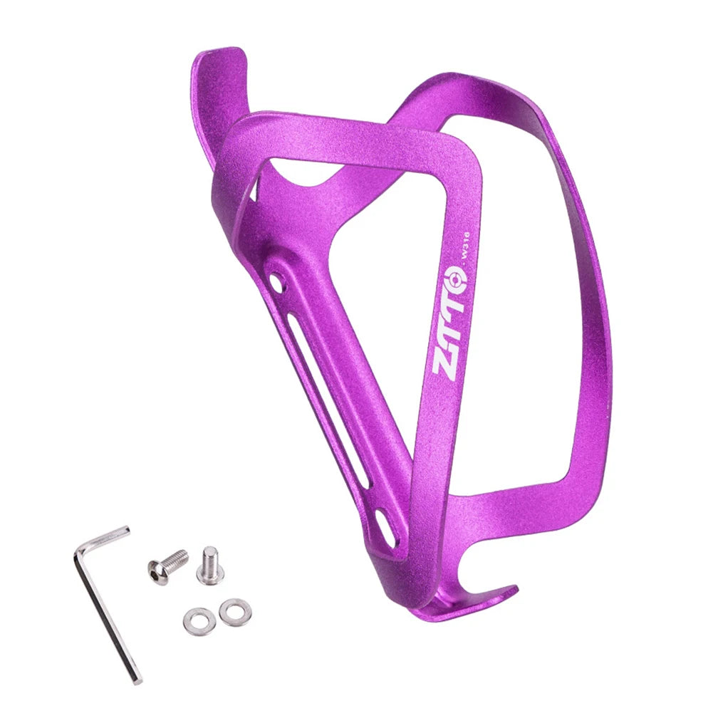 Purple bicycle bottle cage with mounting hardware on a white background