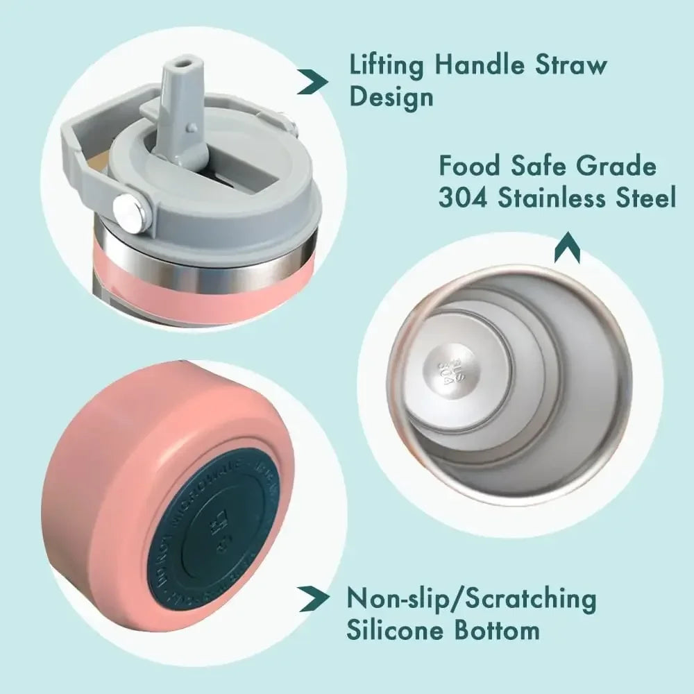 Product details of a tumbler with lifting handle straw design, food safe grade 304 stainless steel, and non-slip/scratching silicone bottom on a light blue background.