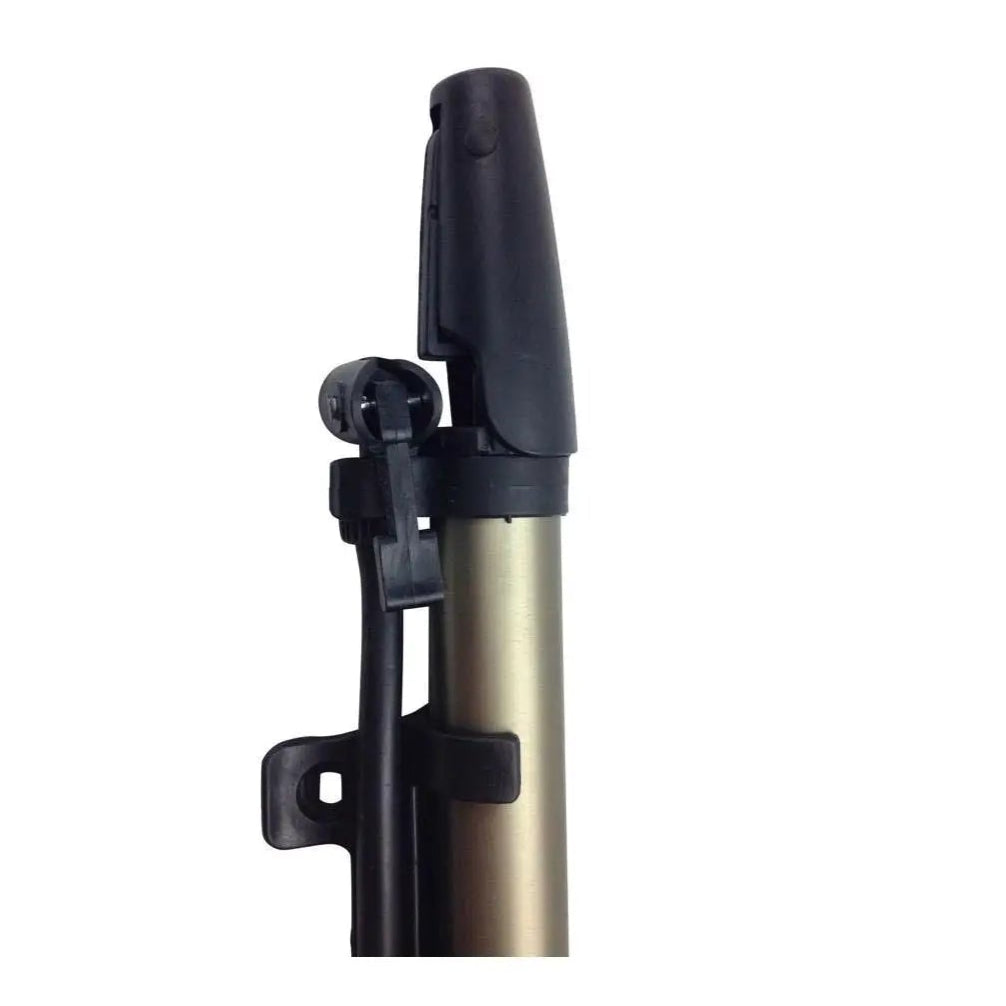 Bicycle pump with black handle and brass body on a white background