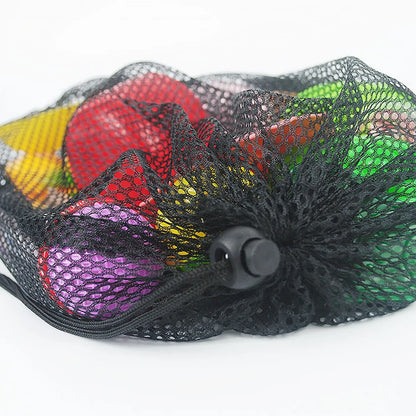 Black mesh produce bag with colorful fruits and vegetables on a white background