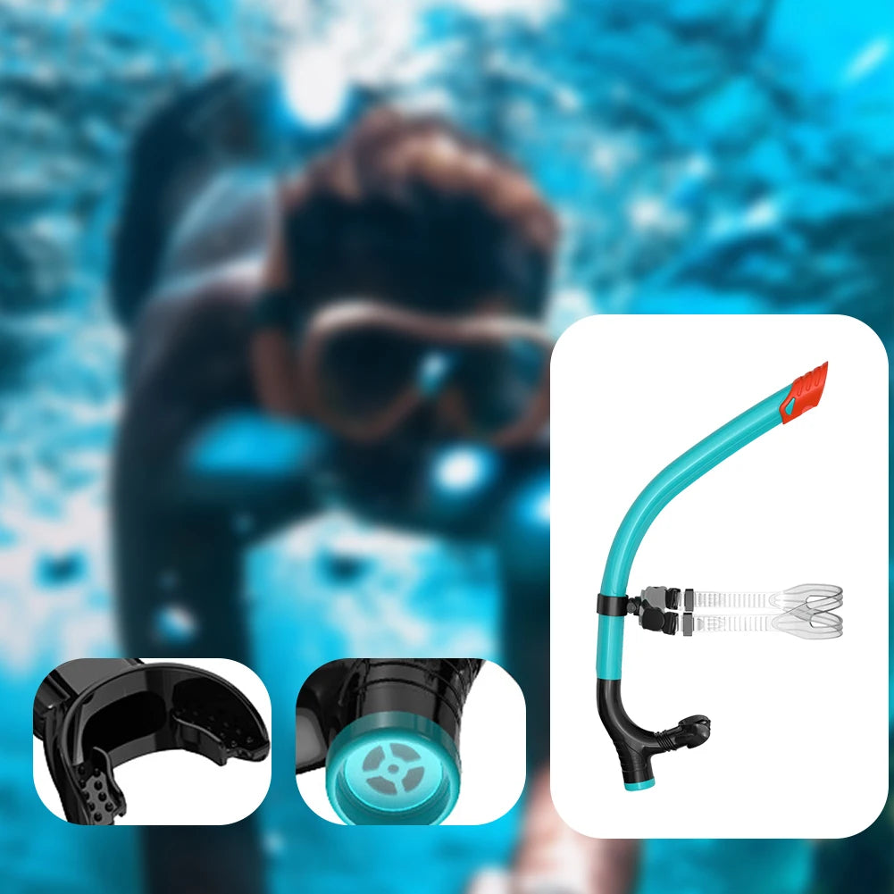 Snorkeling set with snorkel and mouthpiece on a blurred underwater background