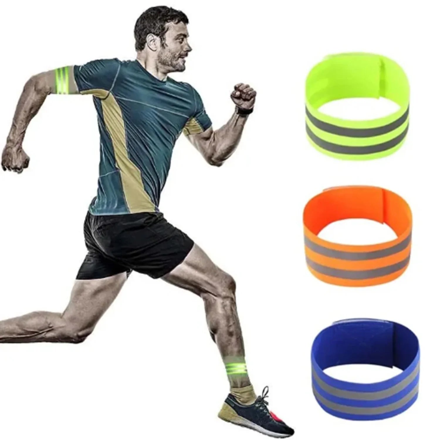 Man running with reflective arm bands in green, orange, and blue.