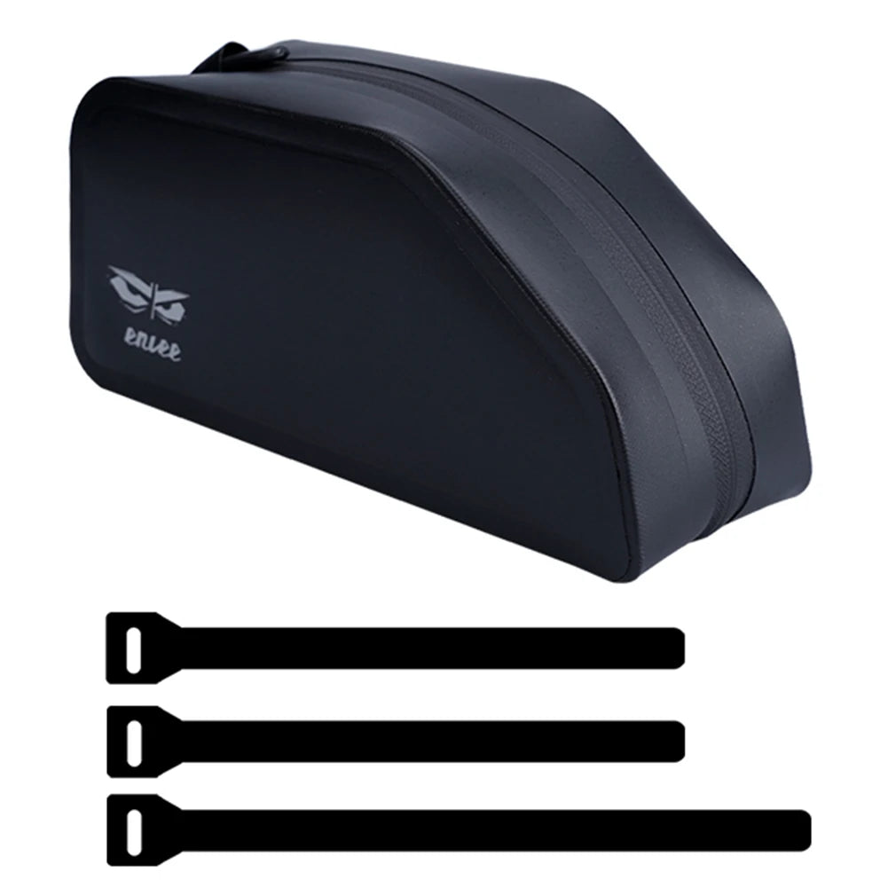 Black bike bag with straps on a white background