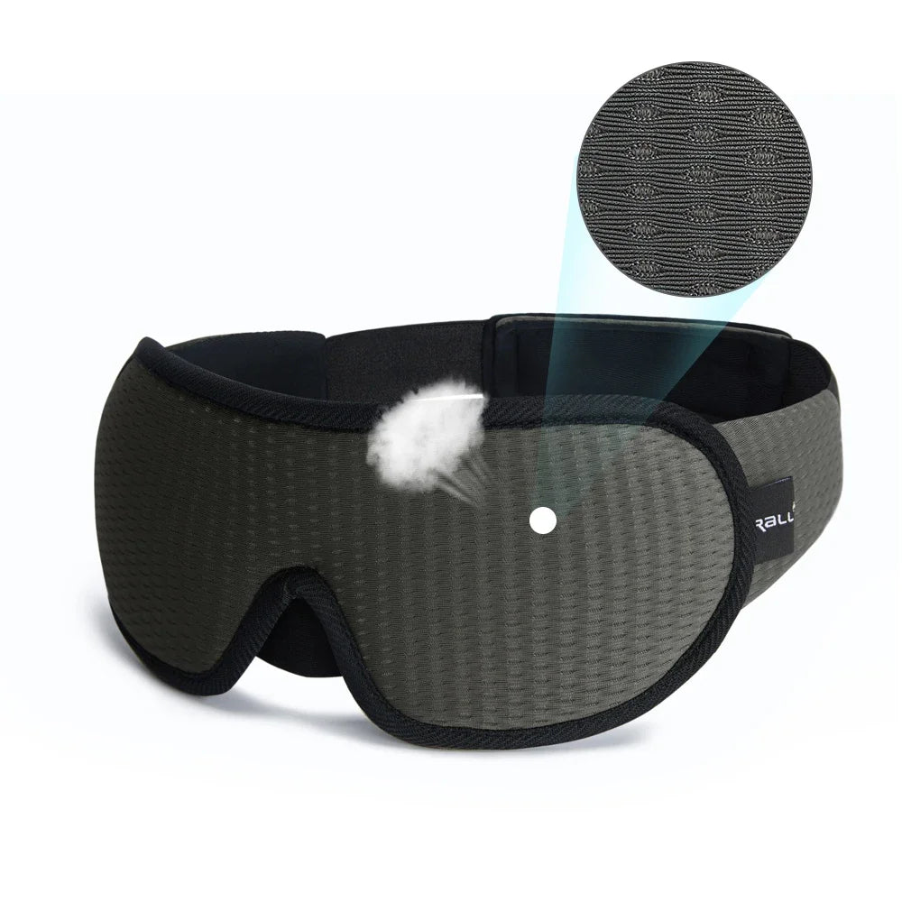 Gray sleep mask with textured surface and brand logo on a white background